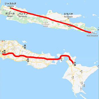 ジャカルタ～バリ島までの地図